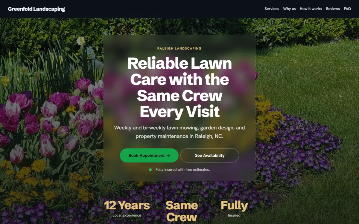 Dark landscaping website template: dark mode throughout, with a glass card over the photo