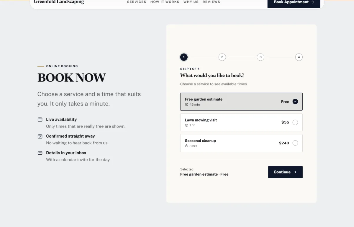 Online booking form on the Luxury landscaping website template: customers choose a service, then a free time