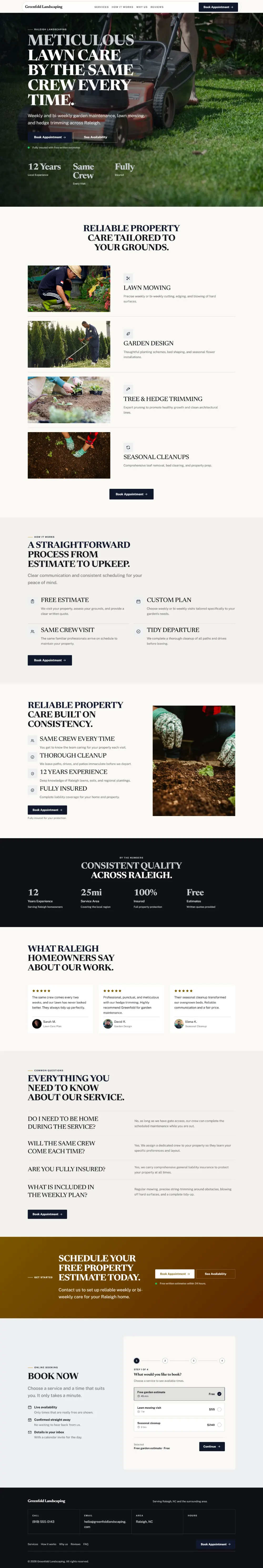 Luxury landscaping website template, the whole home page: dark and understated, with a serif headline over a full-width photo