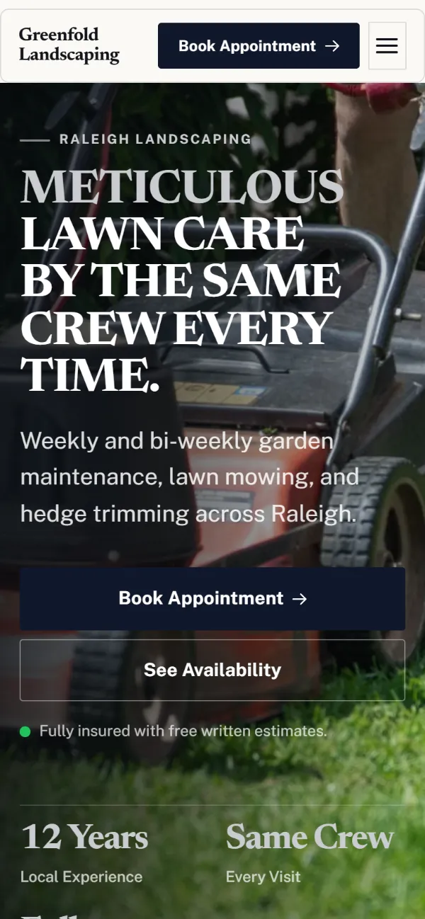 Luxury landscaping website template on a phone: dark and understated, with a serif headline over a full-width photo