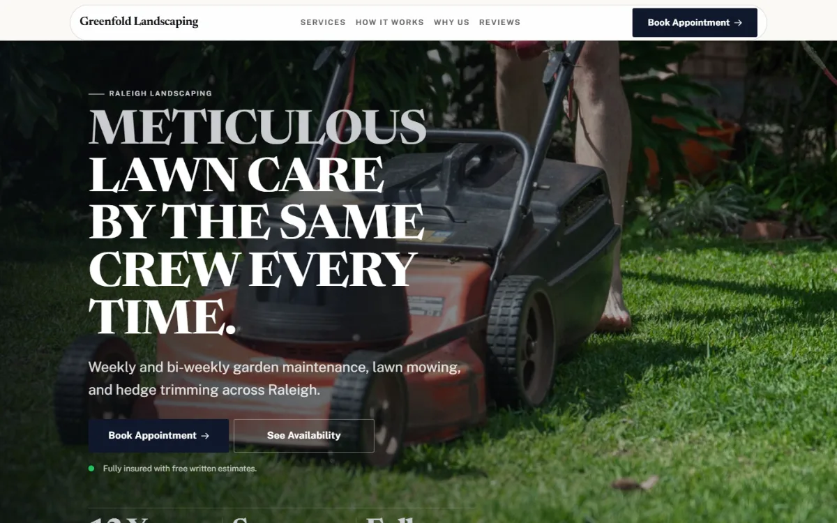 Luxury landscaping website template: dark and understated, with a serif headline over a full-width photo