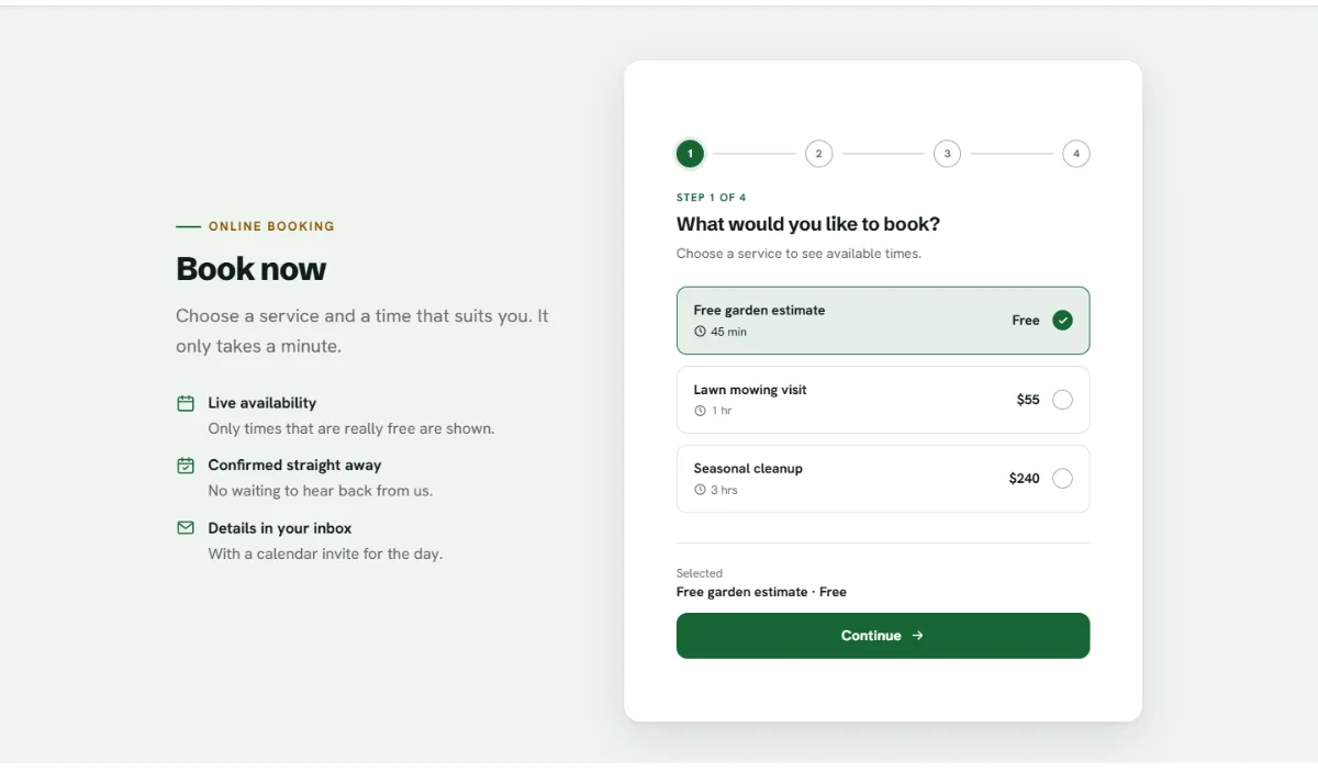Online booking form on the Professional landscaping website template: customers choose a service, then a free time
