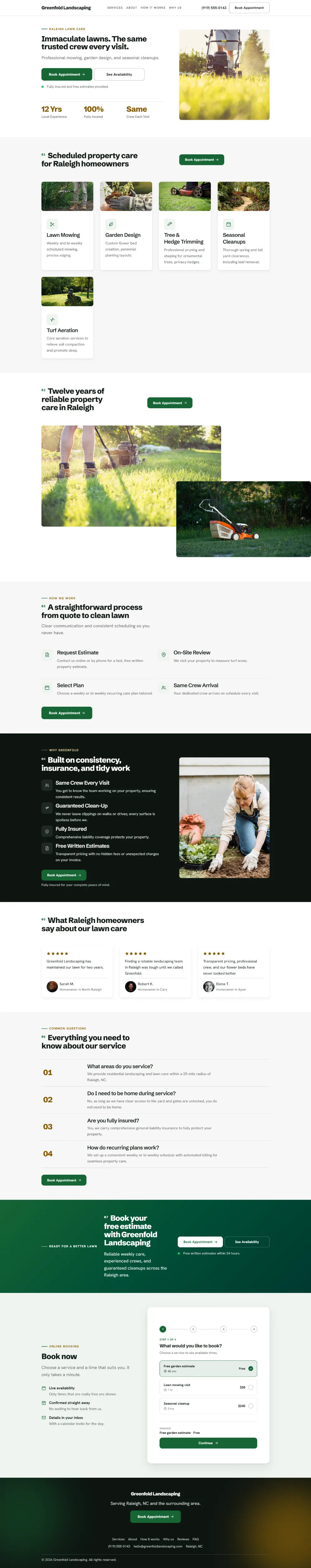 Professional landscaping website template, the whole home page: clean and structured, with a photo beside the headline