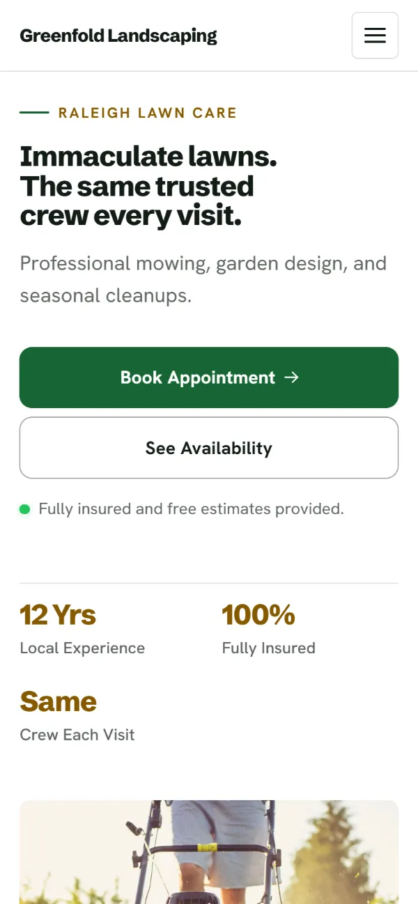 Professional landscaping website template on a phone: clean and structured, with a photo beside the headline