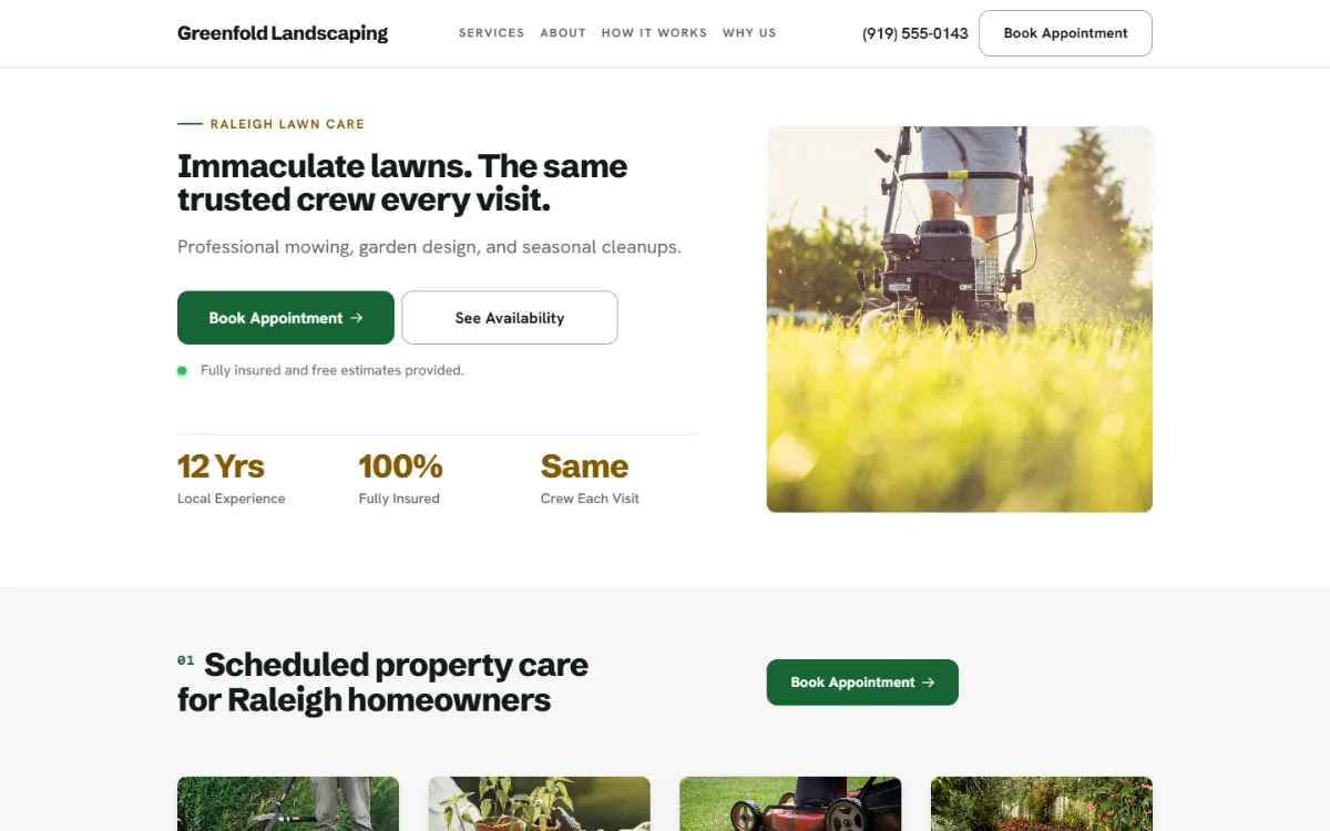 Professional landscaping website template: clean and structured, with a photo beside the headline