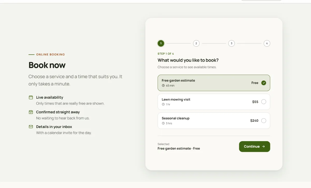 Online booking form on the Warm landscaping website template: customers choose a service, then a free time