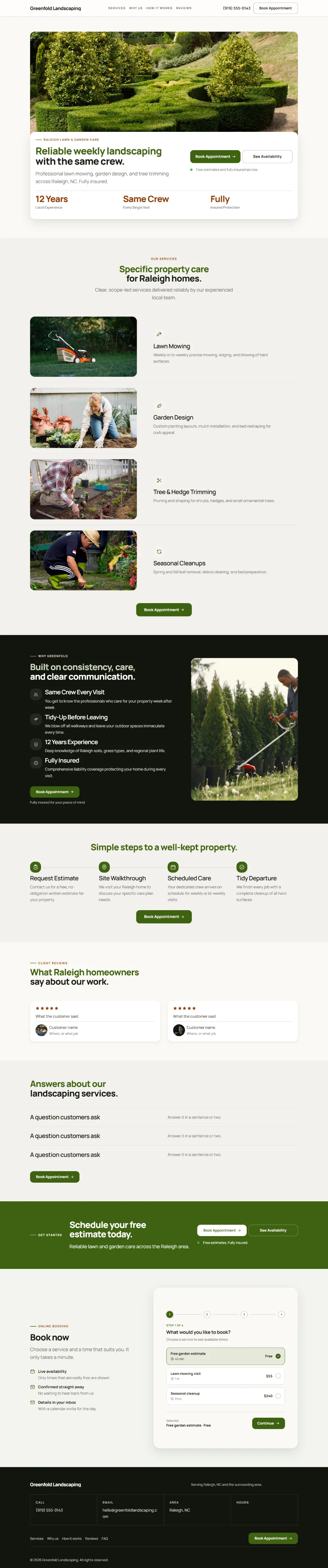 Warm landscaping website template, the whole home page: soft cards and warm colours under a wide photo