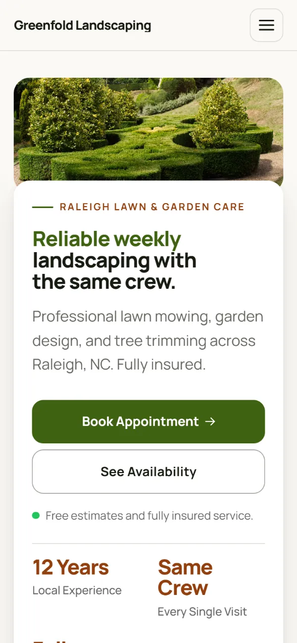 Warm landscaping website template on a phone: soft cards and warm colours under a wide photo
