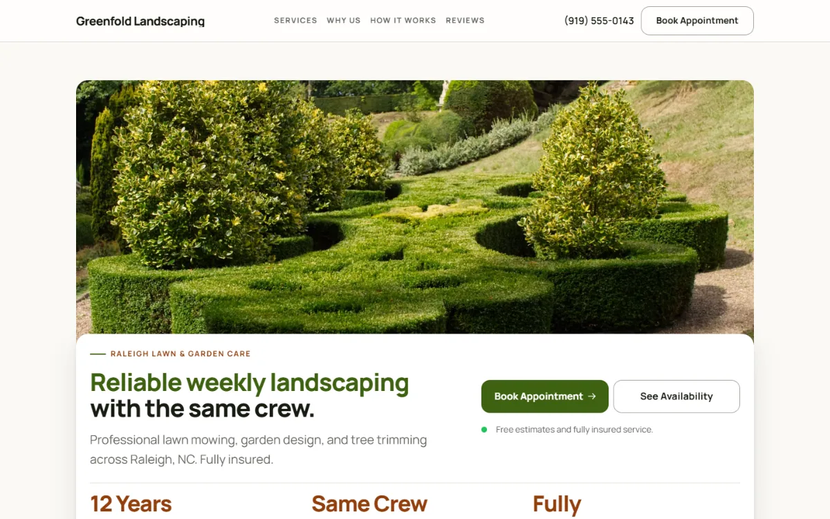 Warm landscaping website template: soft cards and warm colours under a wide photo