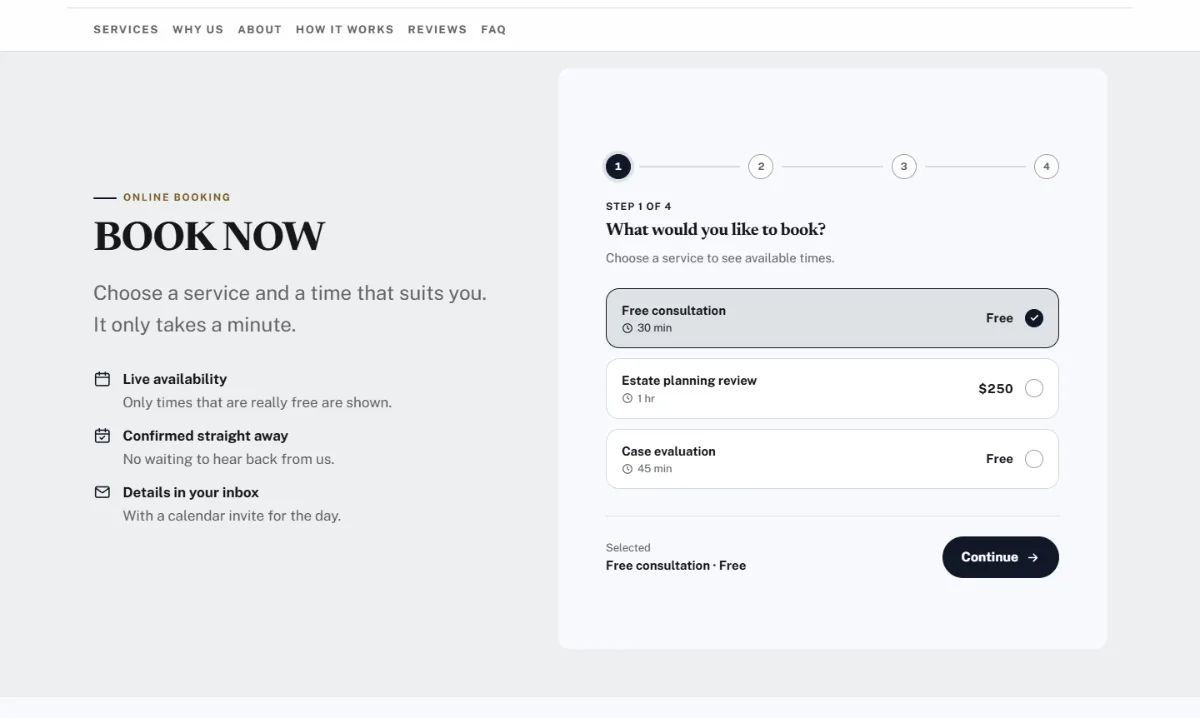 Online booking form on the Bold law firm website template: customers choose a service, then a free time