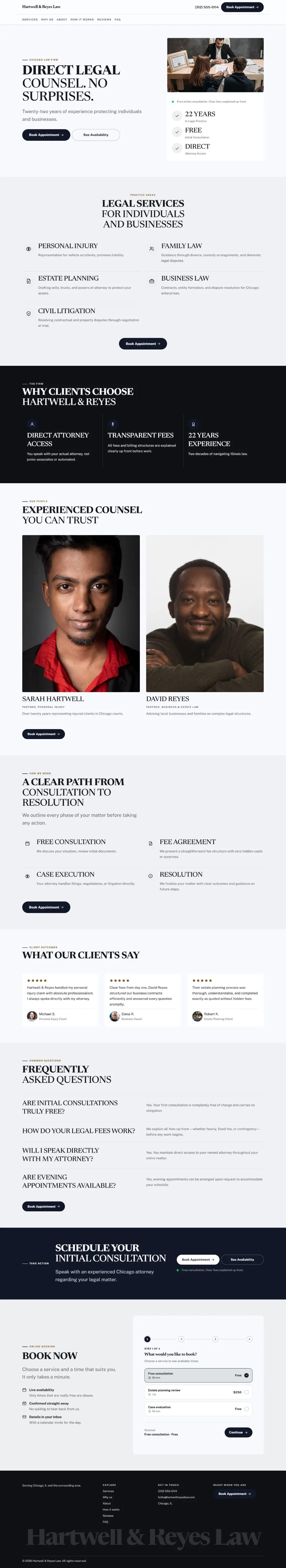 Bold law firm website template, the whole home page: a dark first screen, big capital headlines and one loud accent colour