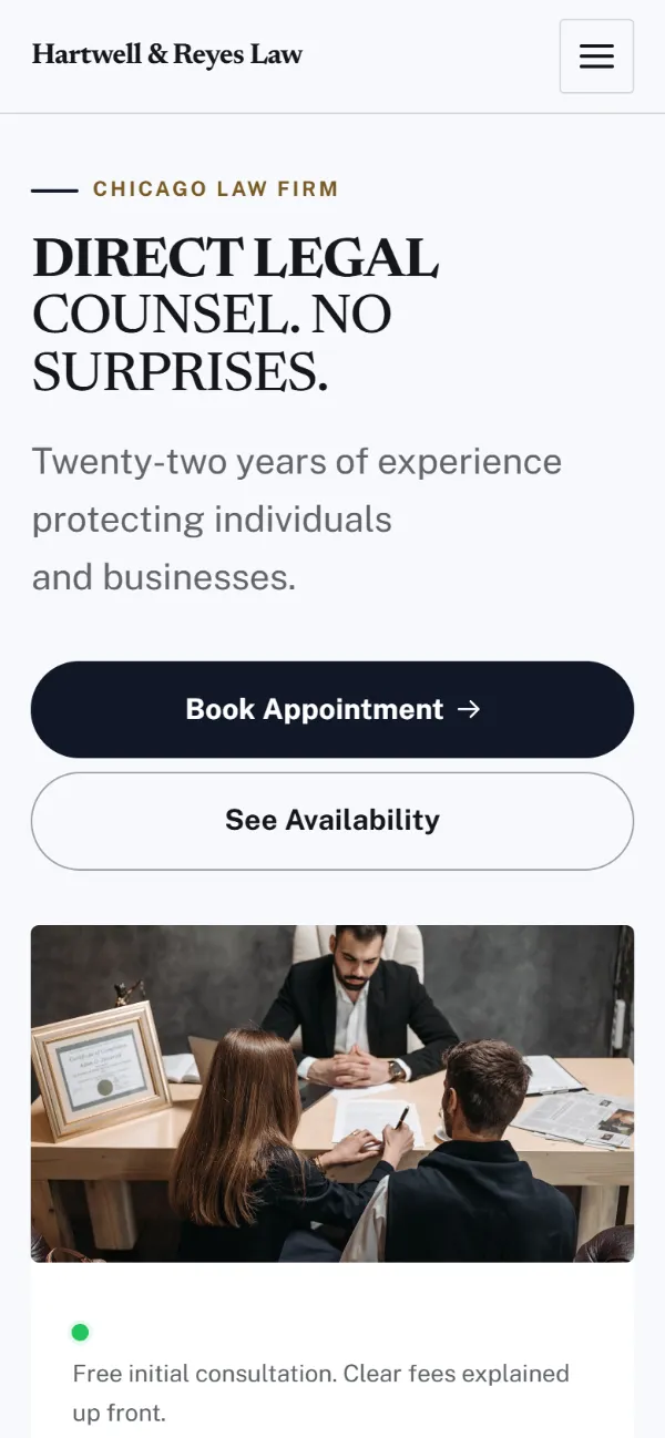 Bold law firm website template on a phone: a dark first screen, big capital headlines and one loud accent colour