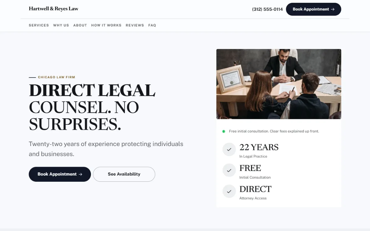 Bold law firm website template: a dark first screen, big capital headlines and one loud accent colour