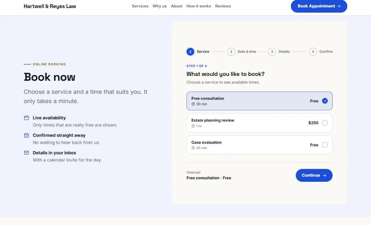 Online booking form on the Bright law firm website template: customers choose a service, then a free time