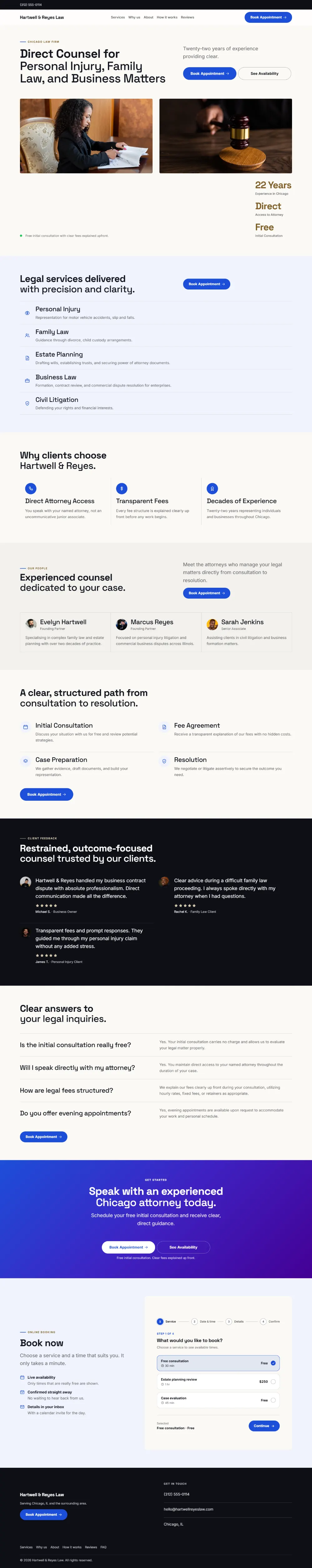 Bright law firm website template, the whole home page: light and airy, with two photos under the headline