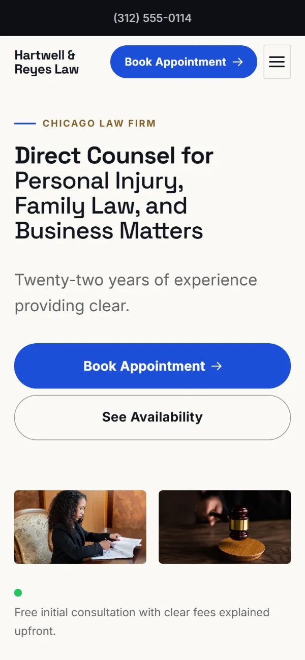 Bright law firm website template on a phone: light and airy, with two photos under the headline