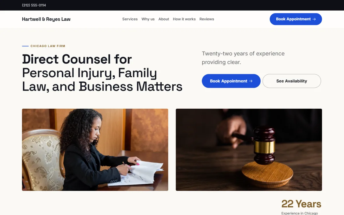 Bright law firm website template: light and airy, with two photos under the headline