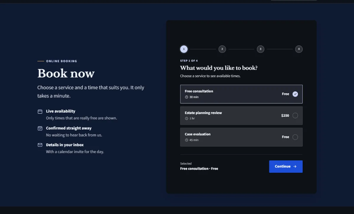 Online booking form on the Dark law firm website template: customers choose a service, then a free time