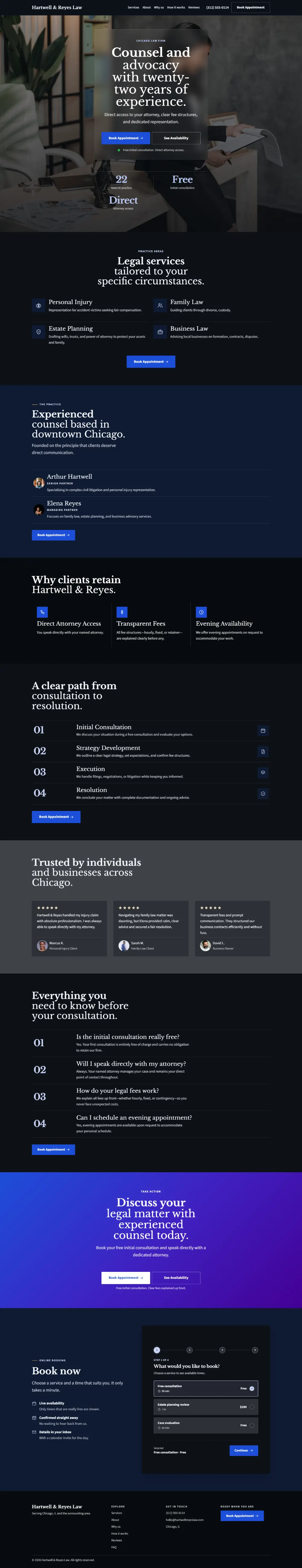 Dark law firm website template, the whole home page: dark mode throughout, with a glass card over the photo