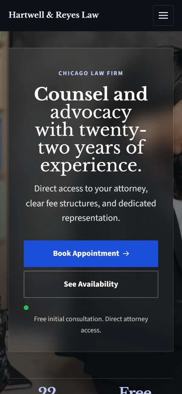 Dark law firm website template on a phone: dark mode throughout, with a glass card over the photo