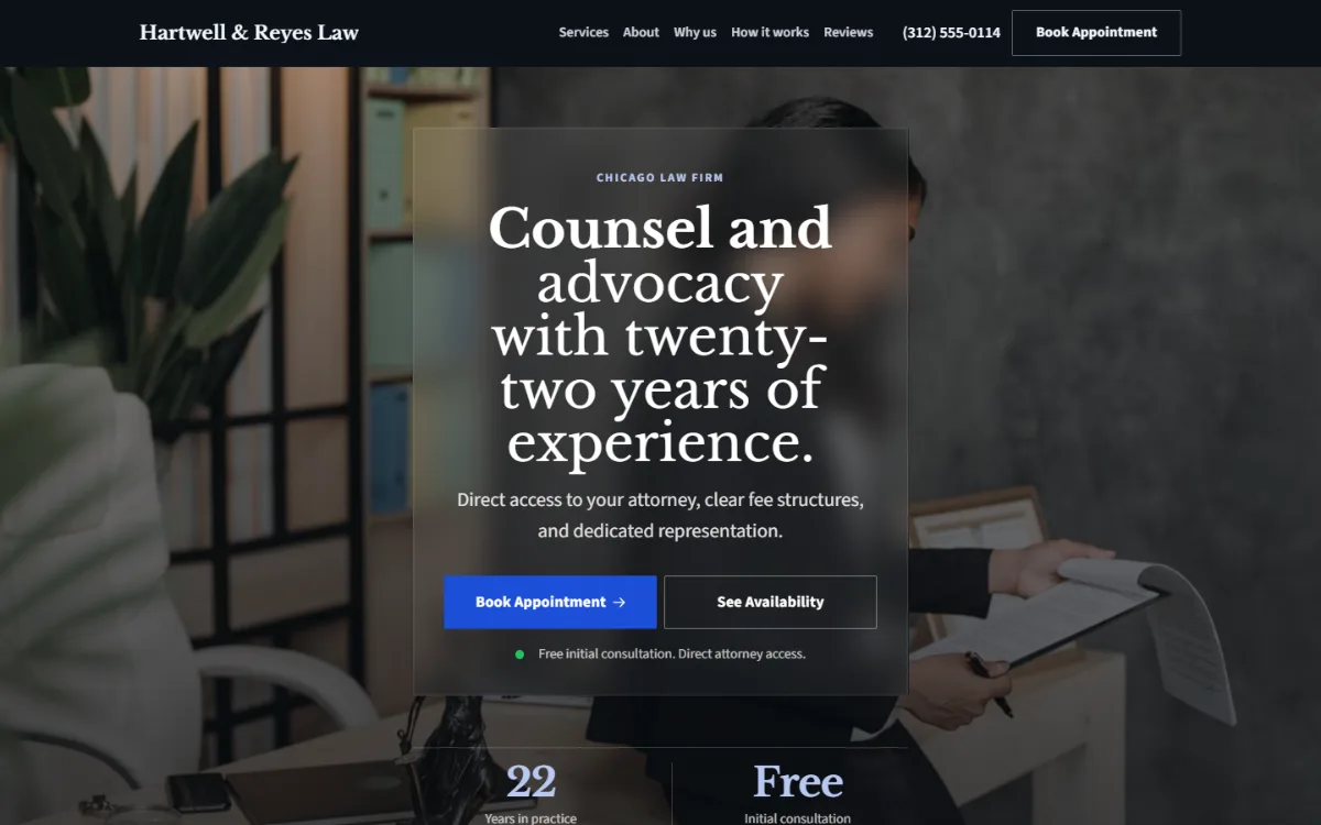 Dark law firm website template: dark mode throughout, with a glass card over the photo