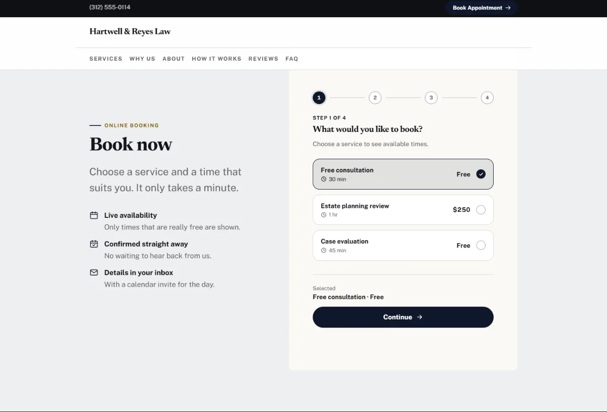 Online booking form on the Luxury law firm website template: customers choose a service, then a free time