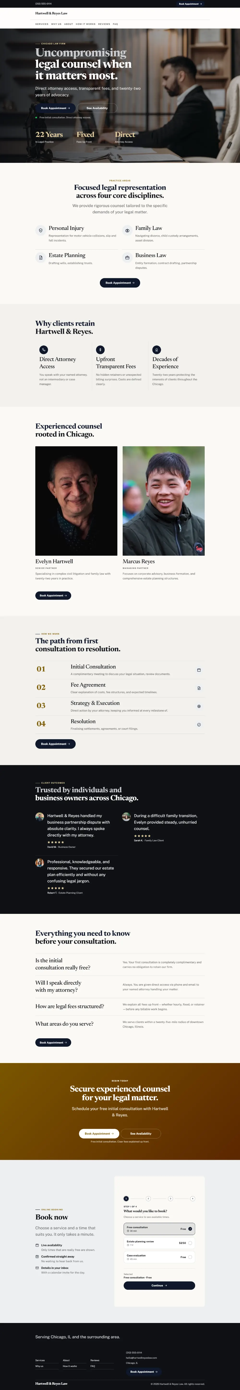 Luxury law firm website template, the whole home page: dark and understated, with a serif headline over a full-width photo