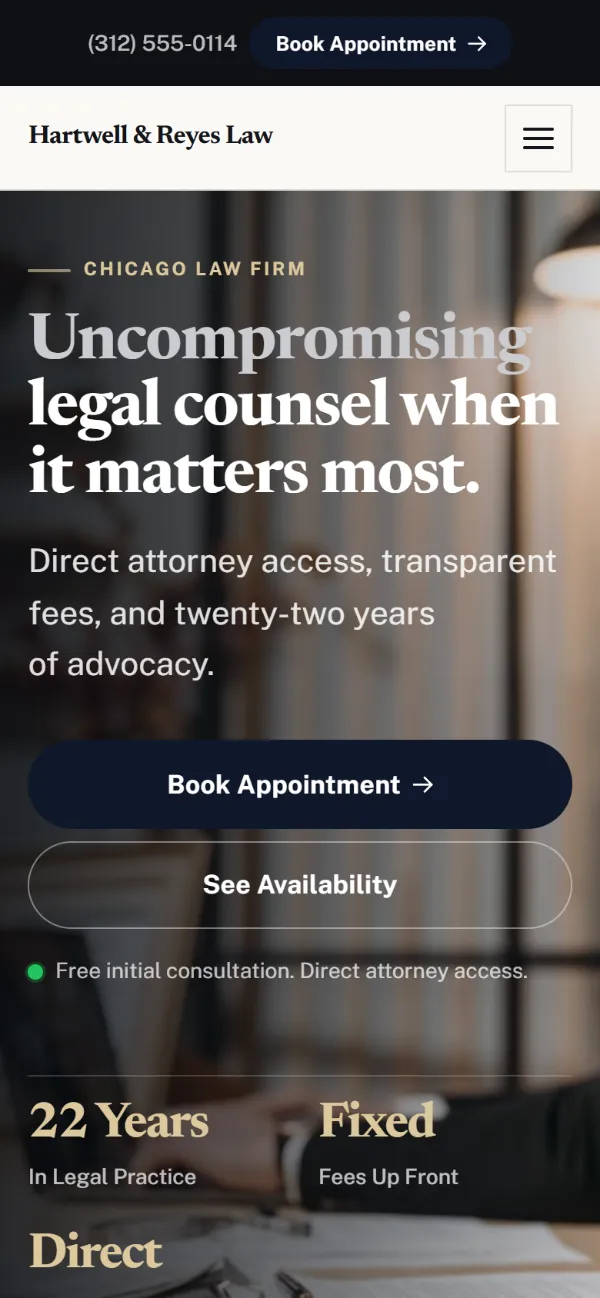 Luxury law firm website template on a phone: dark and understated, with a serif headline over a full-width photo