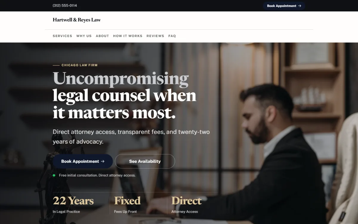 Luxury law firm website template: dark and understated, with a serif headline over a full-width photo