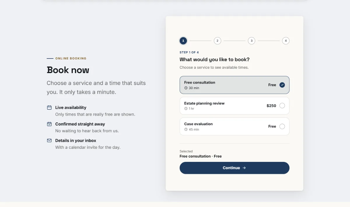 Online booking form on the Professional law firm website template: customers choose a service, then a free time