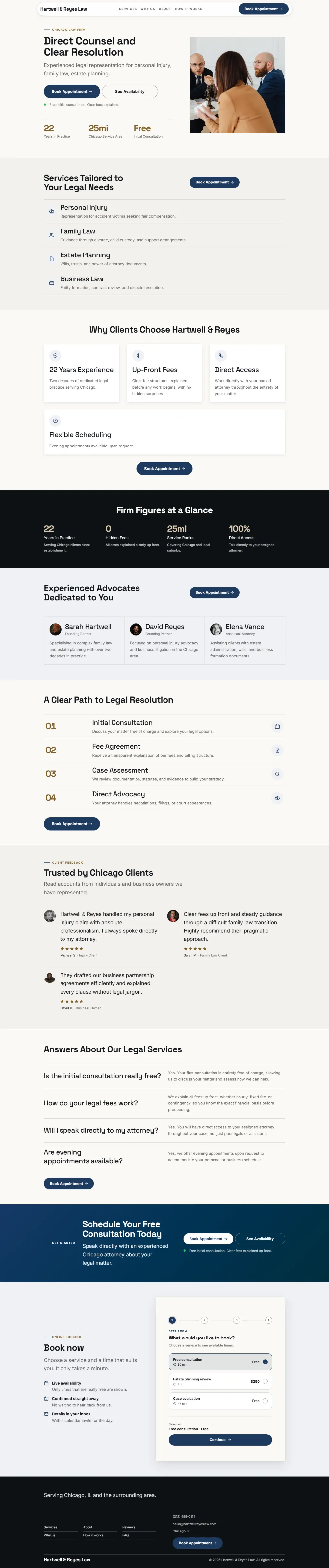 Professional law firm website template, the whole home page: clean and structured, with a photo beside the headline