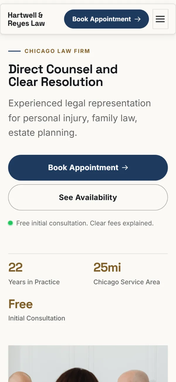 Professional law firm website template on a phone: clean and structured, with a photo beside the headline