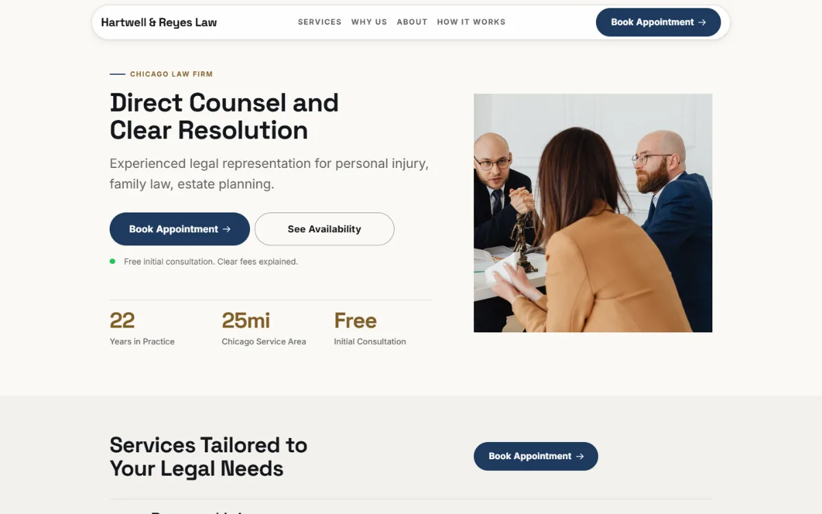 Professional law firm website template: clean and structured, with a photo beside the headline
