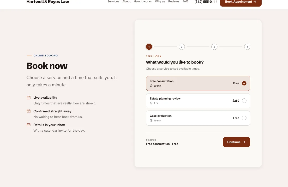 Online booking form on the Warm law firm website template: customers choose a service, then a free time