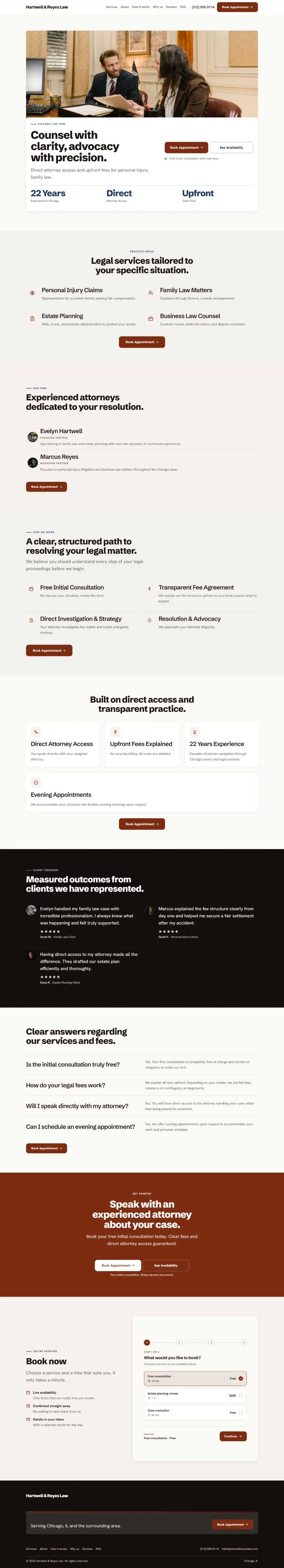 Warm law firm website template, the whole home page: soft cards and warm colours under a wide photo