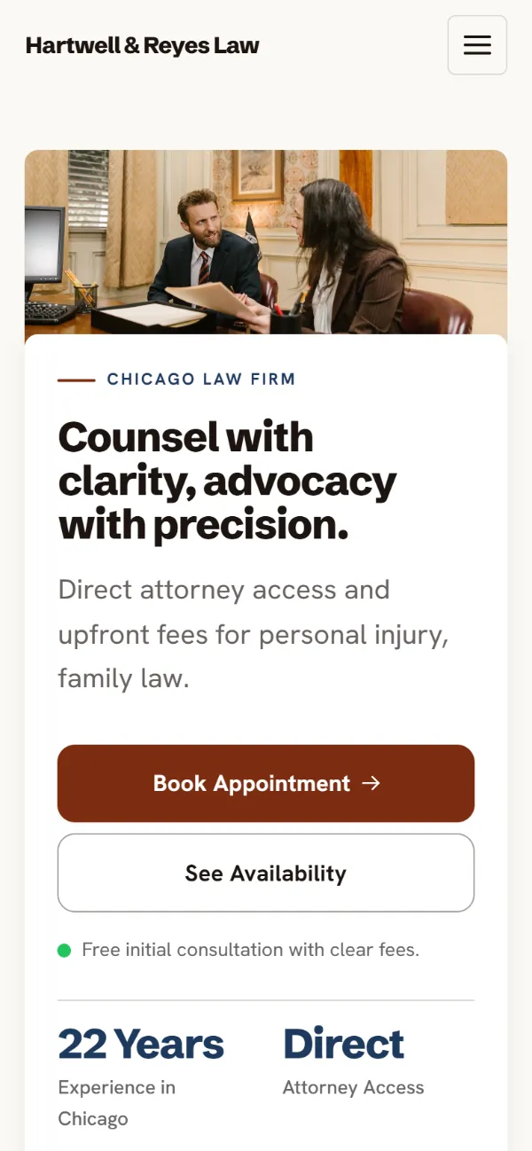 Warm law firm website template on a phone: soft cards and warm colours under a wide photo