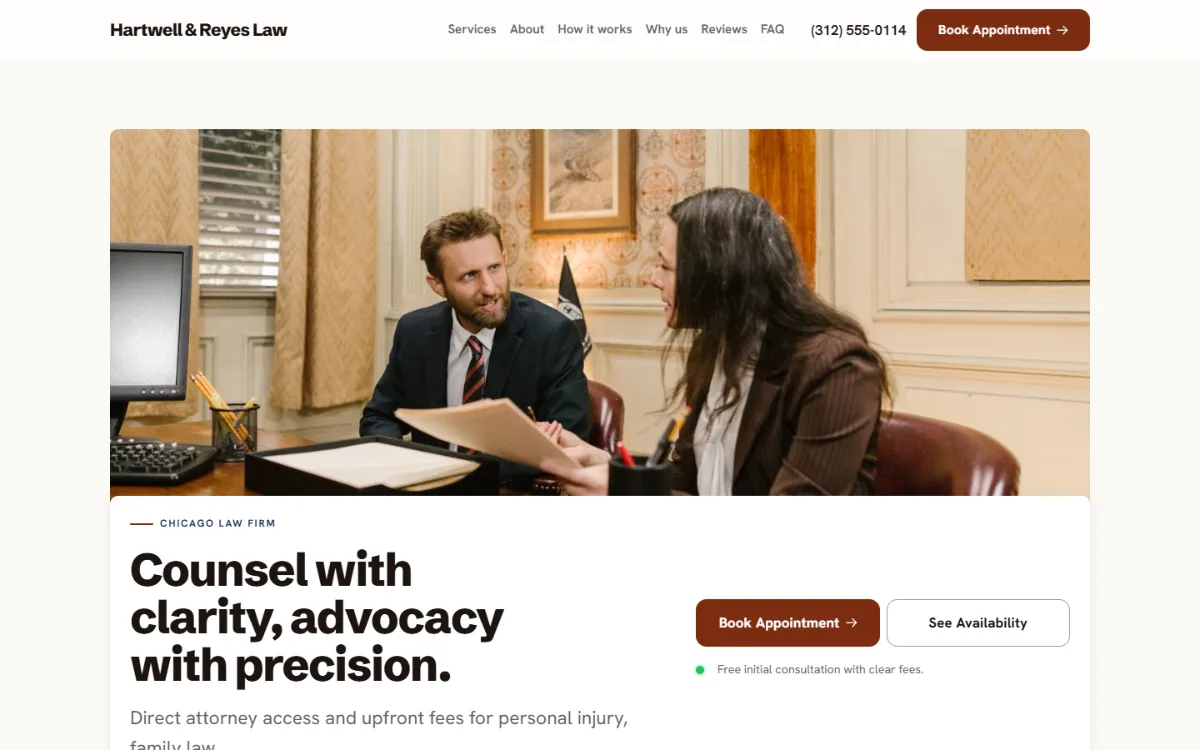 Warm law firm website template: soft cards and warm colours under a wide photo