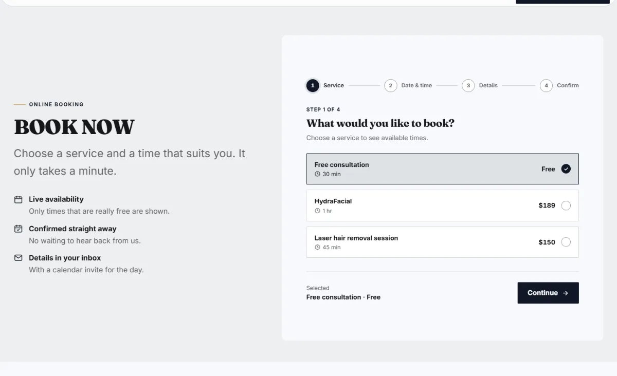 Online booking form on the Bold med spa website template: customers choose a service, then a free time