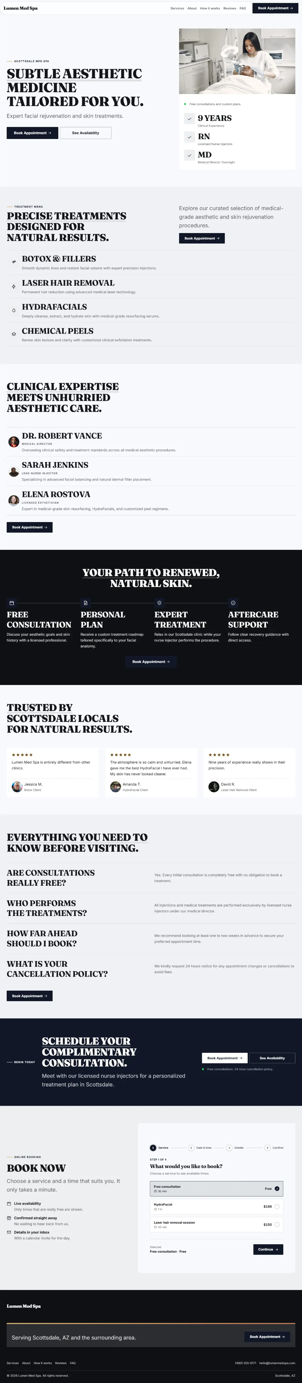 Bold med spa website template, the whole home page: a dark first screen, big capital headlines and one loud accent colour