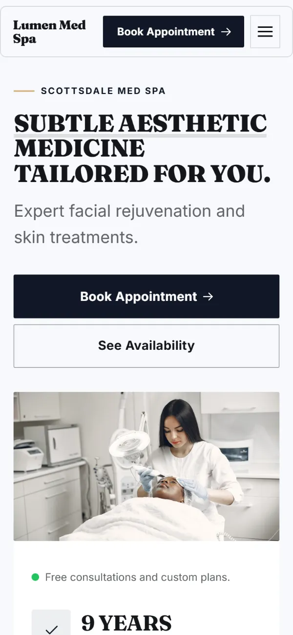 Bold med spa website template on a phone: a dark first screen, big capital headlines and one loud accent colour