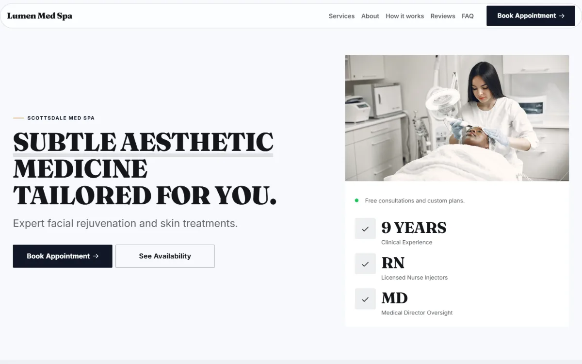 Bold med spa website template: a dark first screen, big capital headlines and one loud accent colour