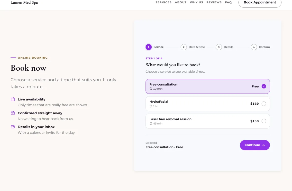 Online booking form on the Bright med spa website template: customers choose a service, then a free time