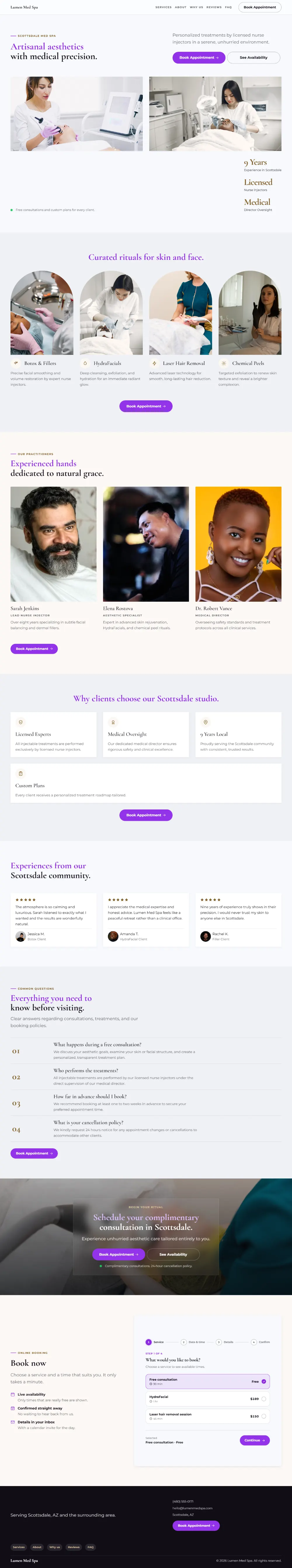 Bright med spa website template, the whole home page: light and airy, with two photos under the headline