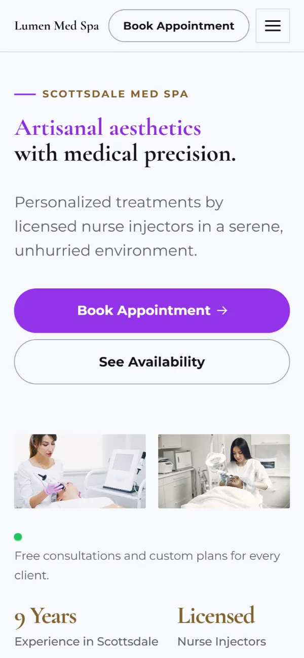 Bright med spa website template on a phone: light and airy, with two photos under the headline