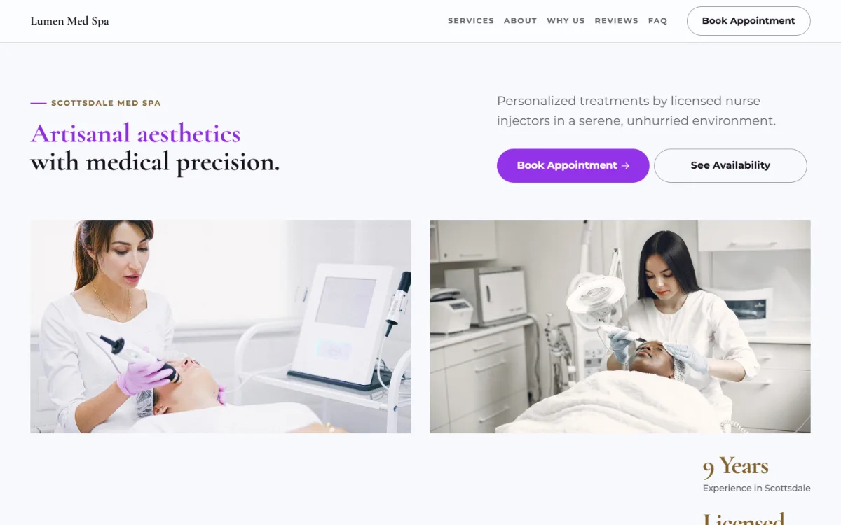 Bright med spa website template: light and airy, with two photos under the headline