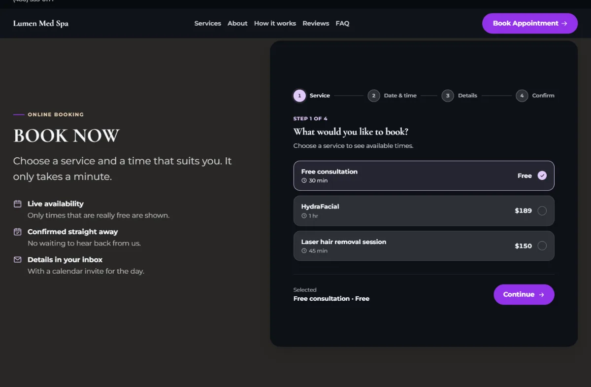 Online booking form on the Dark med spa website template: customers choose a service, then a free time