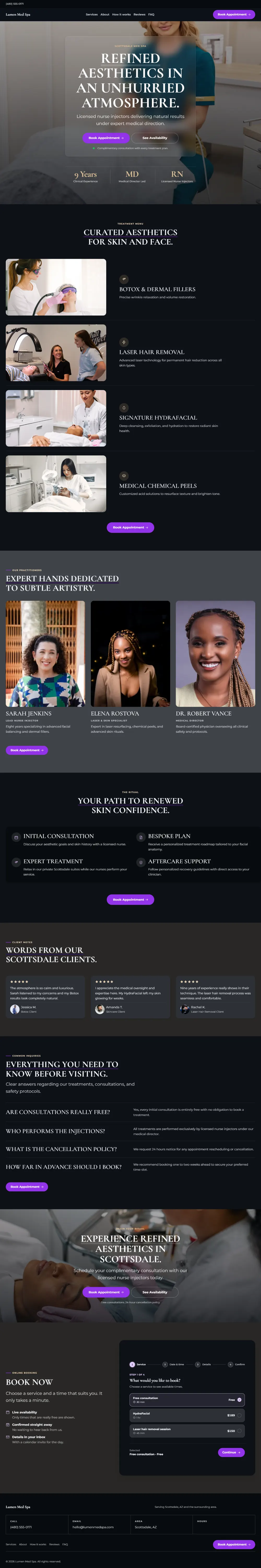 Dark med spa website template, the whole home page: dark mode throughout, with a glass card over the photo