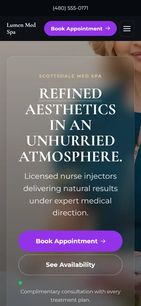 Dark med spa website template on a phone: dark mode throughout, with a glass card over the photo