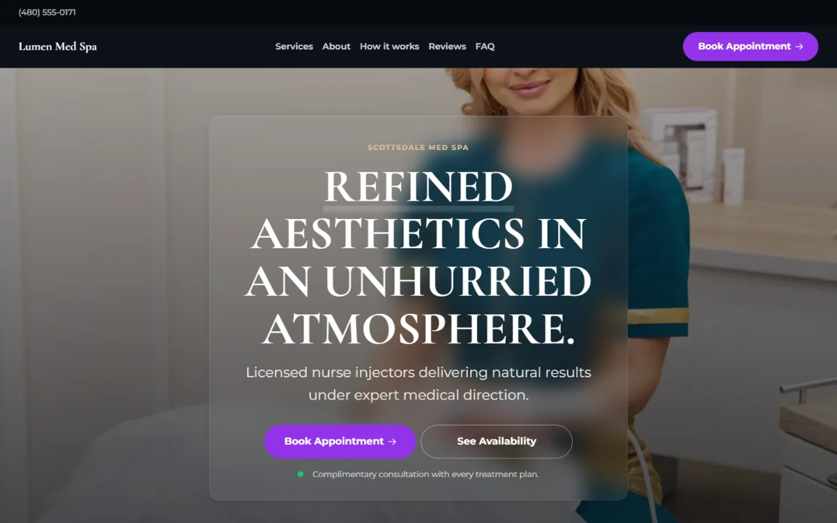 Dark med spa website template: dark mode throughout, with a glass card over the photo