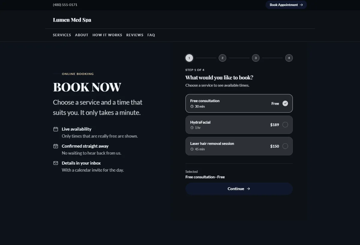 Online booking form on the Luxury med spa website template: customers choose a service, then a free time